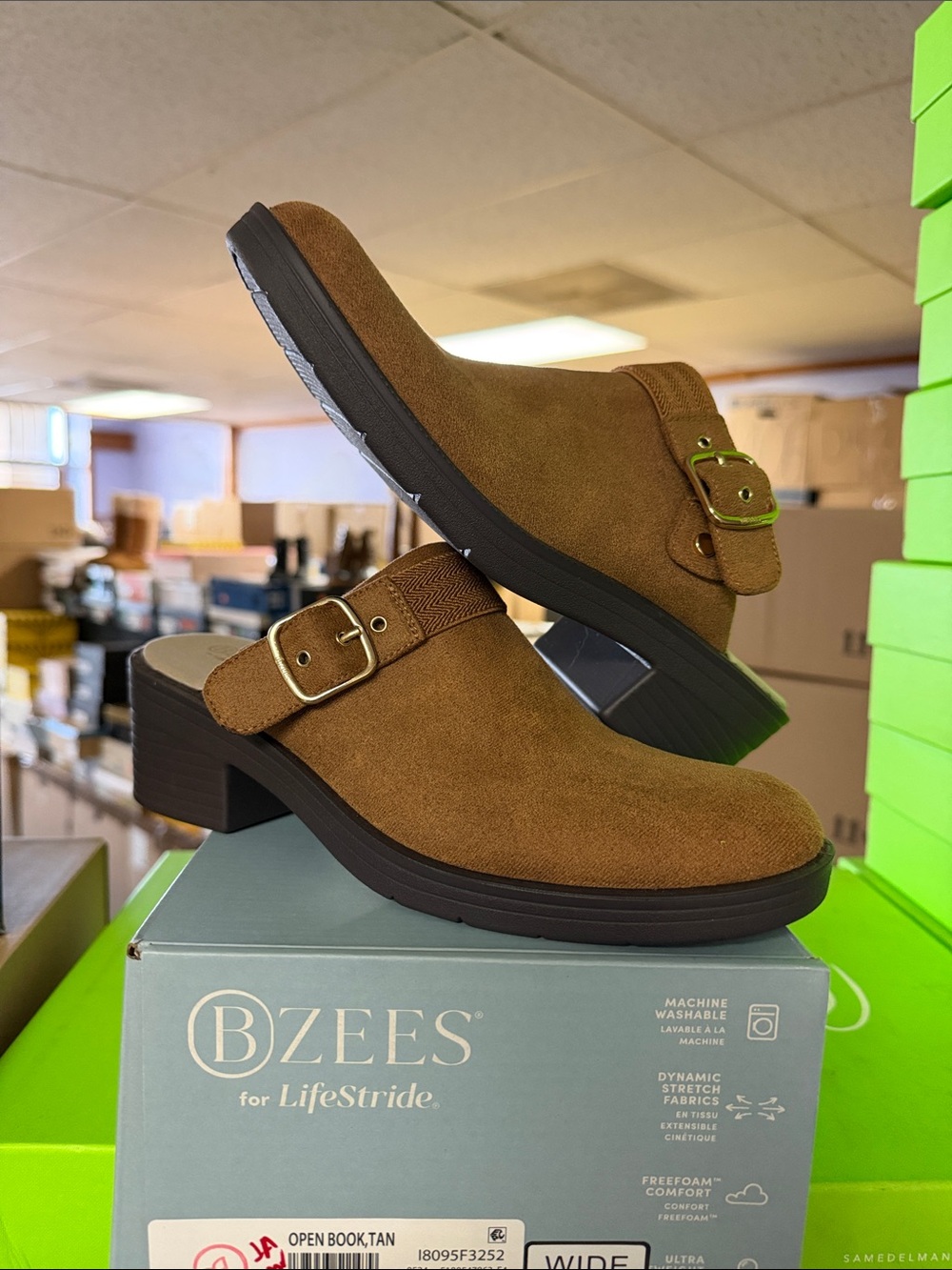 Bzees Open Book Tan Suede Slip-On Mule with Buckle (Wide)